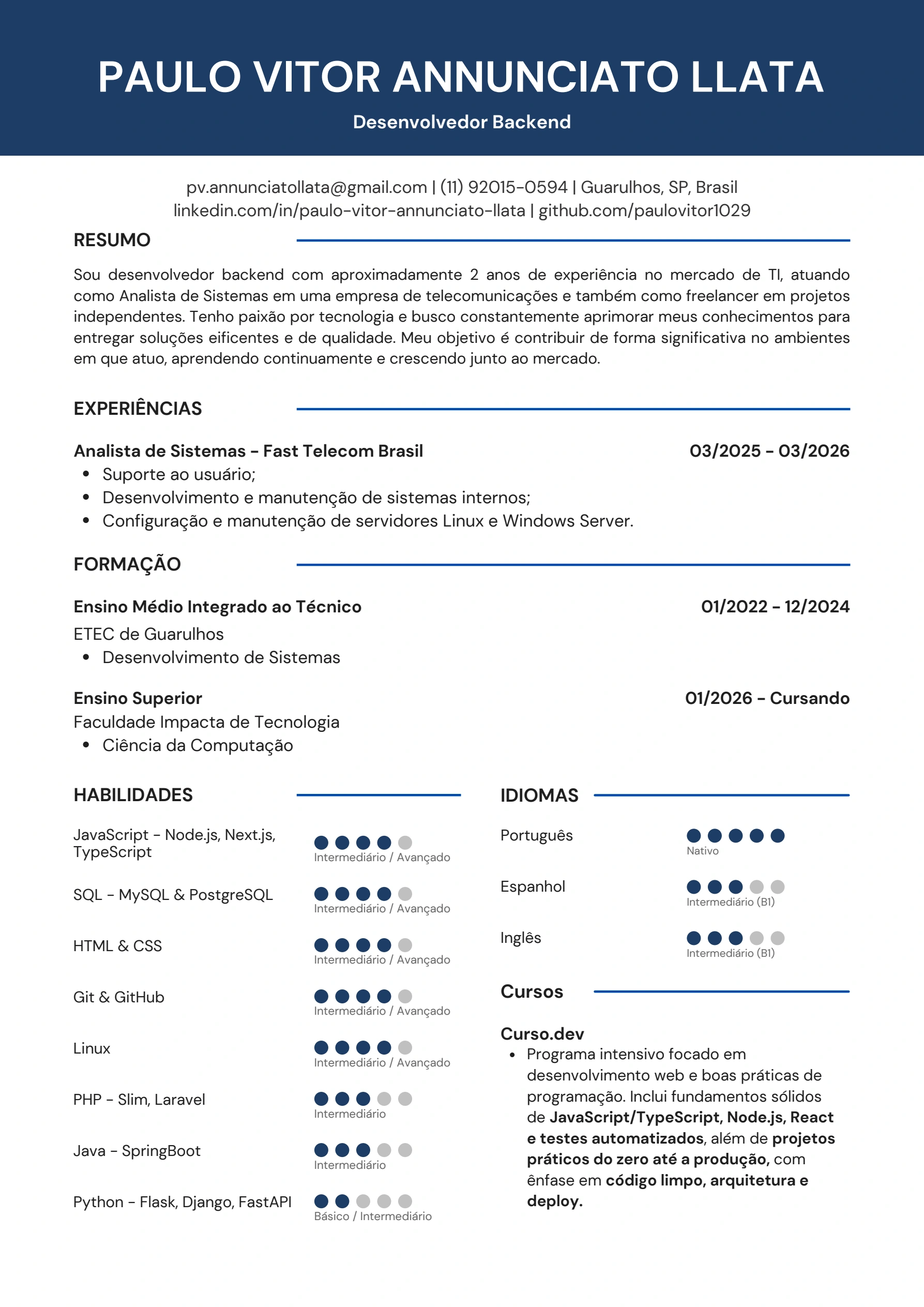 Visualização do currículo